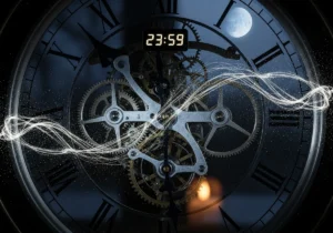 Die freiliegenden Zahnräder und römischen Ziffern einer Uhr leuchten im wechselnden Licht; um 23:59 Uhr steht der Mond weit entfernt in der stillen Dämmerung.