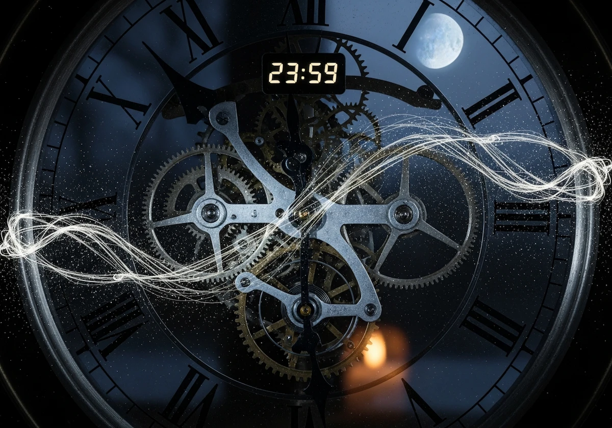 Die freiliegenden Zahnräder und römischen Ziffern einer Uhr leuchten im wechselnden Licht; um 23:59 Uhr steht der Mond weit entfernt in der stillen Dämmerung.