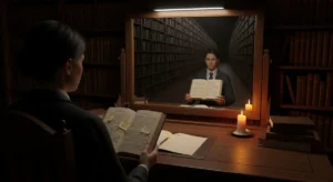 In sanftem Schatten sitzt ein Anzugträger an einem Schreibtisch, ein aufgeschlagenes Buch vor sich, und blickt in einen Spiegel, in dem unendlich viele Bücherregale widerhallen.
