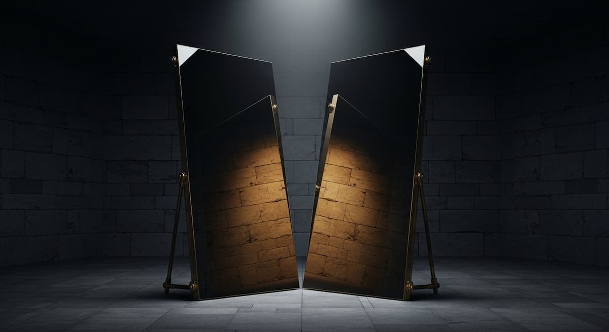 In einem schummrigen Steinraum stehen sich rechteckige Spiegel gegen&uuml;ber, zwischen denen warmes Licht &uuml;ber die strukturierte Oberfl&auml;che der Wand gleitet.