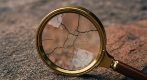 Ein Vergrößerungsglas schwebt über einem Felsen, dessen Linse die feinen Risse, die die Oberfläche des Steins durchziehen, in stiller Klarheit offenbart.