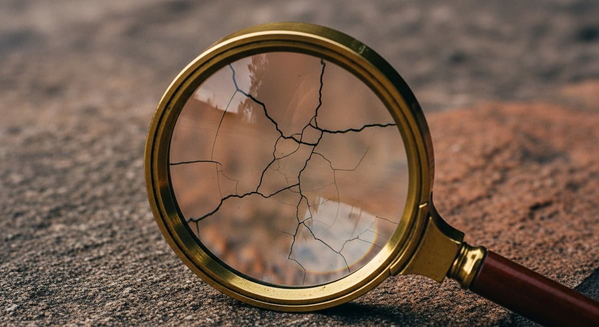 Ein Vergrößerungsglas schwebt über einem Felsen, dessen Linse die feinen Risse, die die Oberfläche des Steins durchziehen, in stiller Klarheit offenbart.