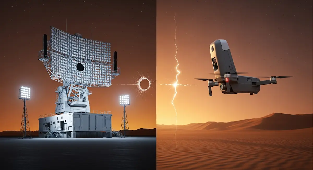 Ein Radar steht in der Abenddämmerung und trifft auf eine Drohne über den stillen Dünen. Zwischen ihnen entlädt sich ein einzelner elektrischer Blitz unter dem orangefarbenen Himmel.