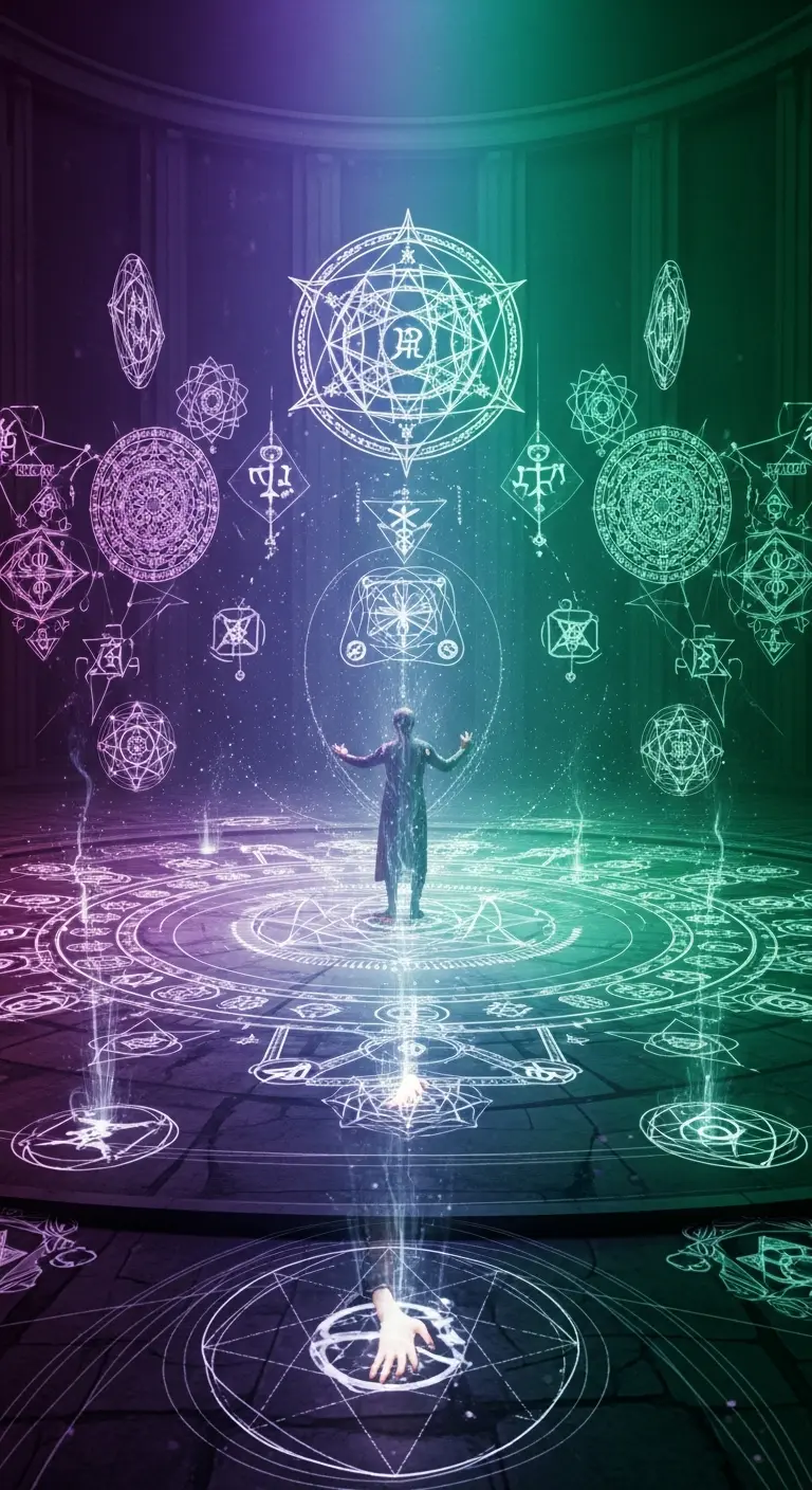 Eine einsame Gestalt steht in einem schattigen Raum, der von leuchtenden Symbolen und Kreisen umgeben ist. Geometrie und Licht schweben leise in der Stille.