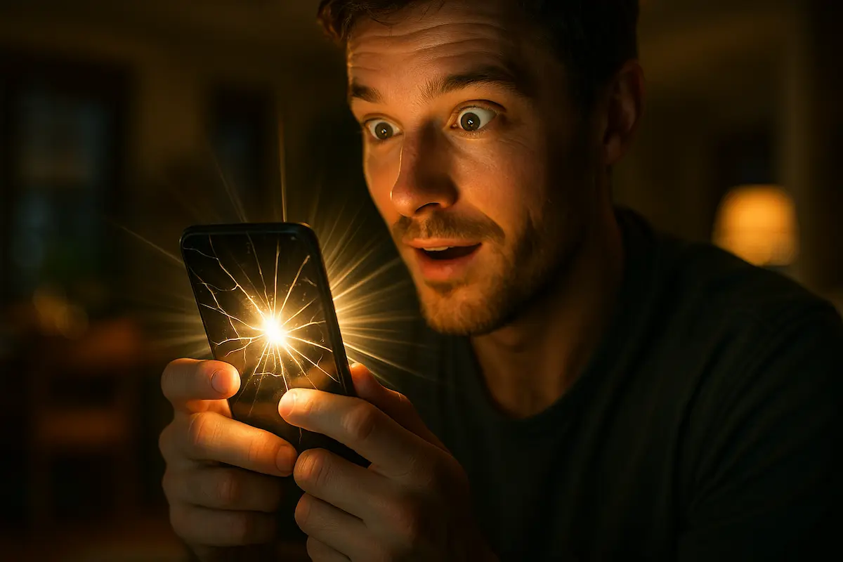 Magie der Störung Ein Mann starrt erstaunt auf ein Smartphone, dessen zerbrochener Bildschirm sanft leuchtet, umrahmt von einem sanften Dunst aus fernem Licht.