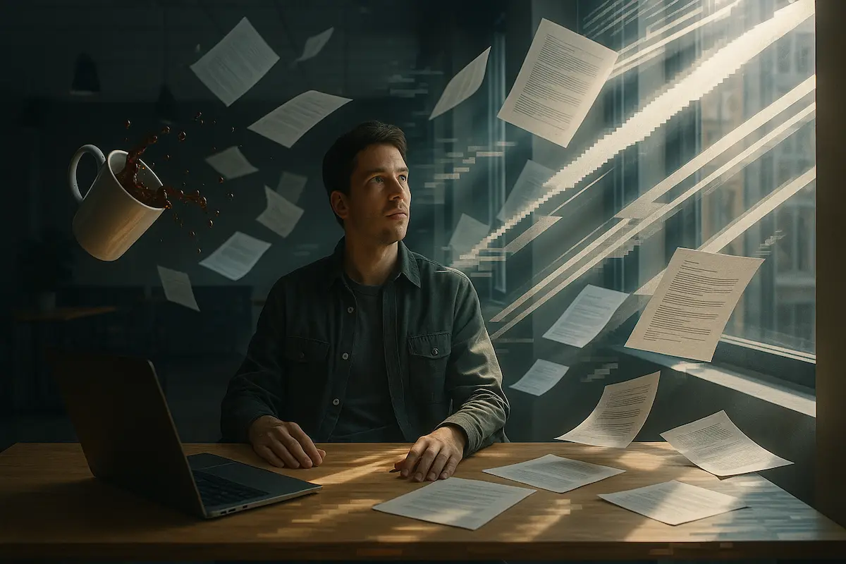 Ein Mann an seinem Schreibtisch hält inne und starrt auf herumfliegende Papiere und einen umgedrehten Becher, der im Sonnenlicht am Fenster hängt - ein stilles Durcheinander.