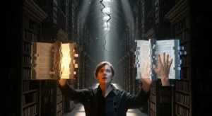 In einer schattigen Bibliothek hält eine Person zwei schwebende, pixelige Bücher in der Hand, als ein Lichtstrahl einfällt und ihren Blick überrascht aufhellt.