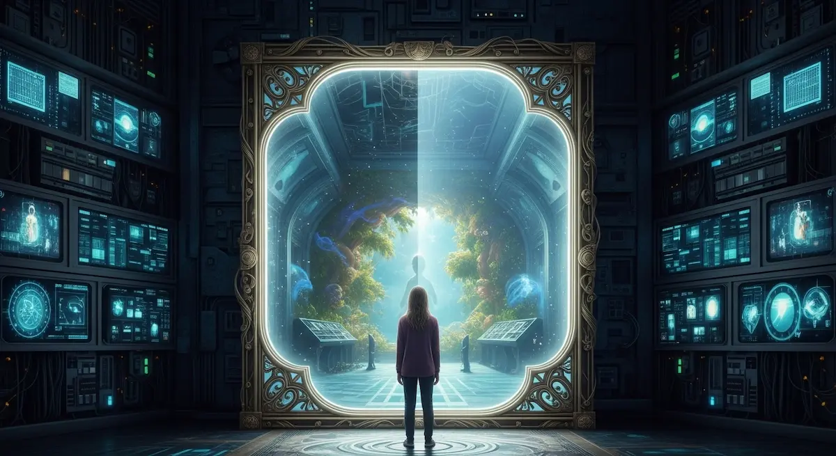 Eine einsame Gestalt blickt in ein leuchtendes Portal mit üppiger außerirdischer Flora und schwebenden Planeten, eingerahmt von ruhigen Bildschirmen und schlanken Bedienelementen.