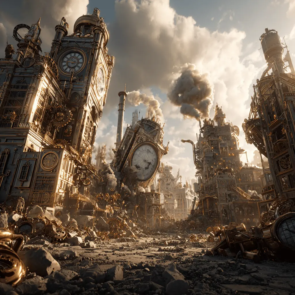 Inmitten von Rauchschwaden und verstreuten Trümmern stehen große Uhrentürme als stille Ruinen unter einem schweren, bewölkten Himmel.
