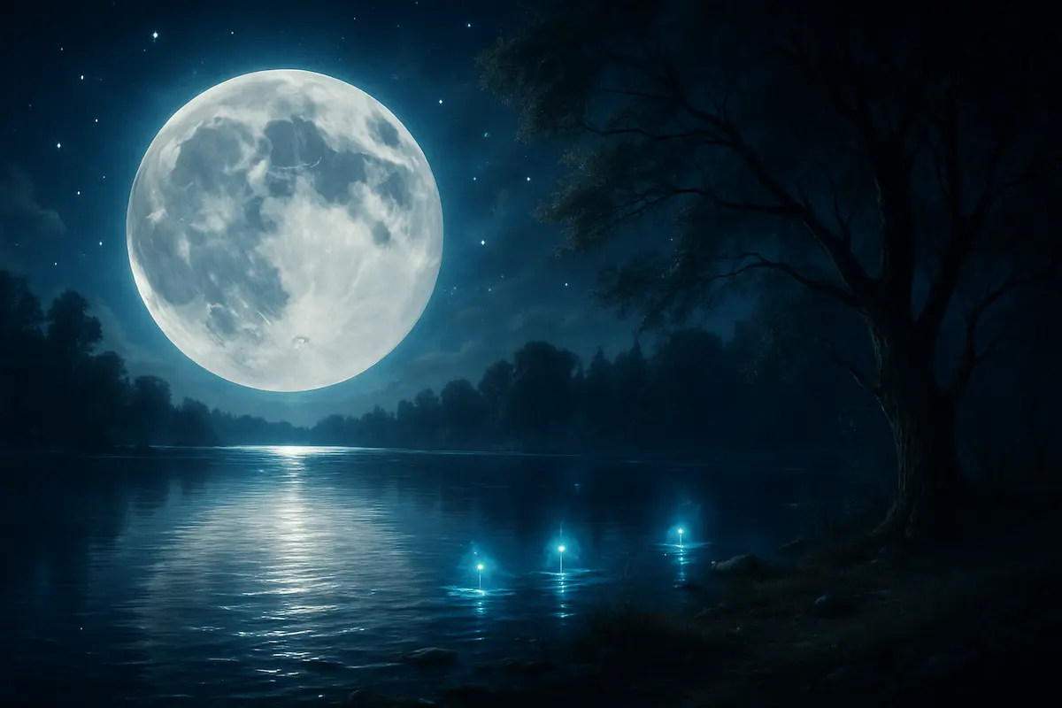 Mondschlüssel alexander-wagandt.de Ein leuchtender Vollmond wirft sein Spiegelbild auf einen ruhigen See; drei blaue Lichter treiben in Ufernähe, eingerahmt von dunklen Bäumen und stillen Sternen.