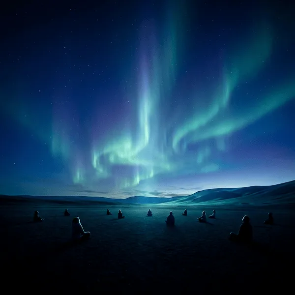 Nachtblauer Shaktisang (601) Die Menschen sitzen getrennt auf einer dunklen, flachen Fläche unter wirbelnden grünen und blauen Polarlichtern, der Sternenhimmel erhebt sich über fernen Hügeln.