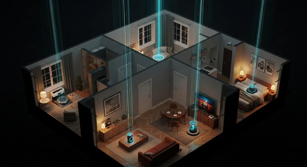 Netzwerk Ein ruhiger 3D-Wohnungsplan zeigt vier Zimmer, die durch blaue Linien miteinander verbunden sind, die den ruhigen Puls der drahtlosen Verbindung nachzeichnen.