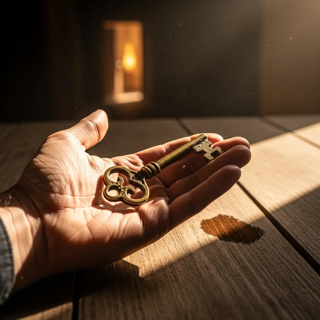 Eine Hand präsentiert einen filigranen Messingschlüssel über poliertem Holz, das Sonnenlicht fällt ein und glitzert in einer stillen Pfütze auf der Tischplatte.