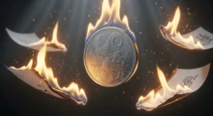 Eine Münze mit Mondstruktur schwebt inmitten von vier Flammen, die an dem markierten Papier lecken, und schwebt im Schatten, während ein leiser Lichtstrahl herabfällt.