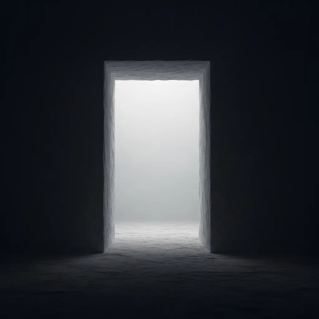 Passageportal Haus eXtraWagandt Ein schattiger Raum öffnet sich zu einer leuchtenden Leere, die Tür glüht und ein sanftes Licht ergießt sich über den ruhigen Boden.