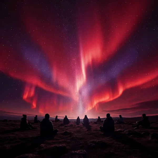 Nachts sitzen die Menschen still auf dem Boden, ihre Gestalten umrissen von einem roten und violetten Polarlicht, das zwischen unzähligen Sternen funkelt.
