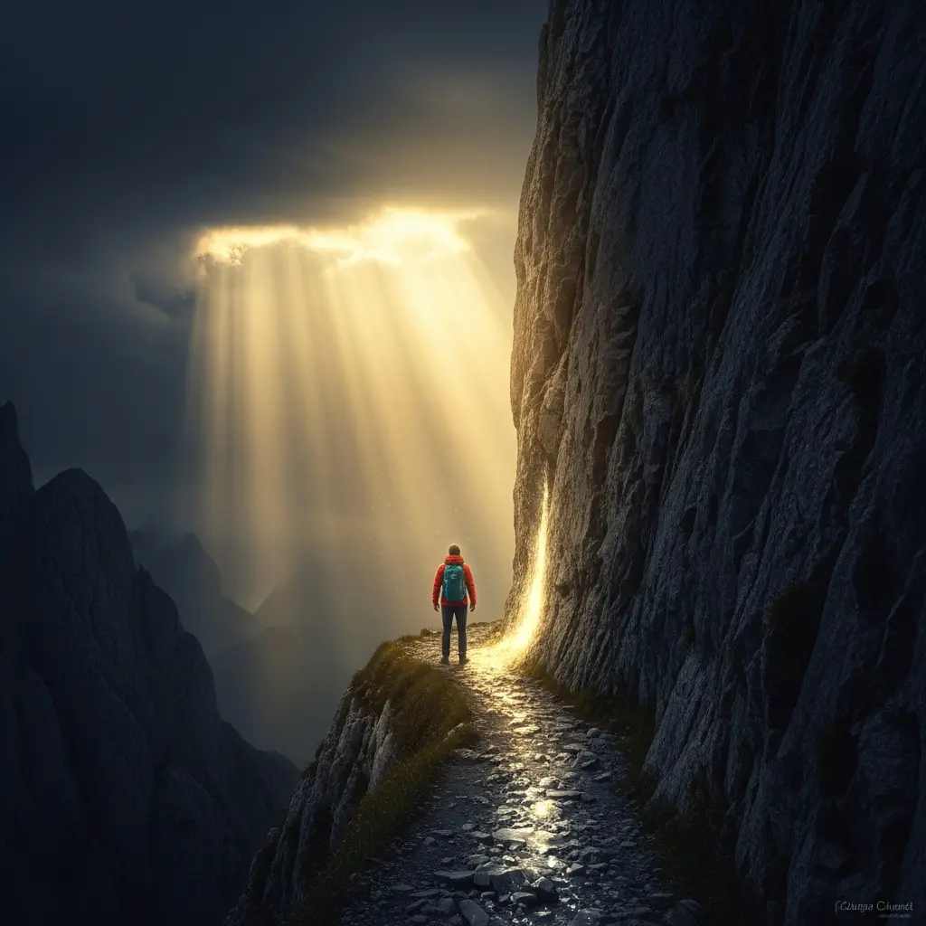 Ein einsamer Wanderer hält auf einem schmalen Pfad an steilen Felsen inne und blickt auf das Sonnenlicht, das die dunklen Wolken über den fernen Berggipfeln durchbricht.