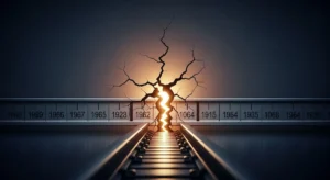 Eine Zeitlinie von 1915 bis 1970 wird durch einen leuchtenden Riss unterbrochen, dessen verzweigtes Licht von stillen Eisenbahnschienen gekreuzt wird.