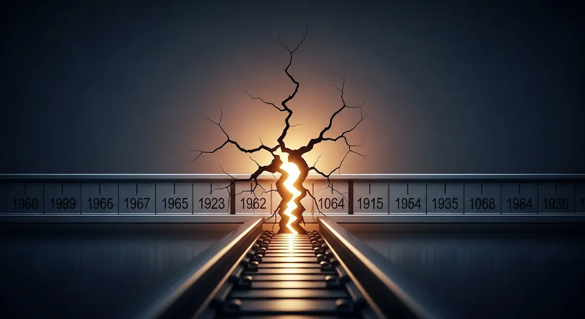 Eine Zeitlinie von 1915 bis 1970 wird durch einen leuchtenden Riss unterbrochen, dessen verzweigtes Licht von stillen Eisenbahnschienen gekreuzt wird.