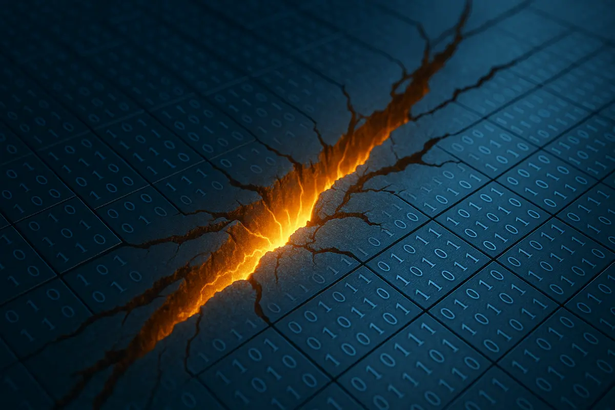 Der binäre Code überspannt eine digitale Ebene, die durch einen leuchtenden diagonalen Riss ruhig geteilt wird - ein heiterer Bruch im Datenfluss.