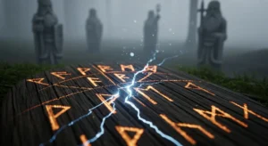 Blaue Blitze schlagen in eine runengeätzte Holzoberfläche ein. Dahinter stehen vier steinerne Gestalten in Gewändern schweigend inmitten von Nebel und stillem Gras.