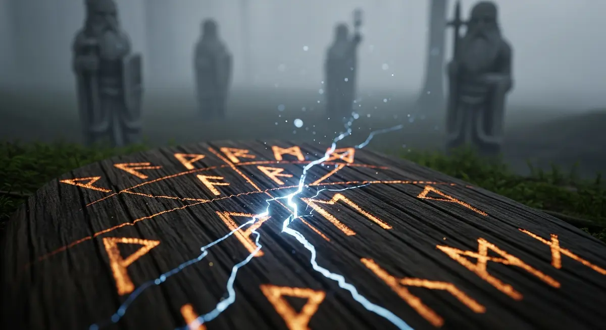 Blaue Blitze schlagen in eine runengeätzte Holzoberfläche ein. Dahinter stehen vier steinerne Gestalten in Gewändern schweigend inmitten von Nebel und stillem Gras.