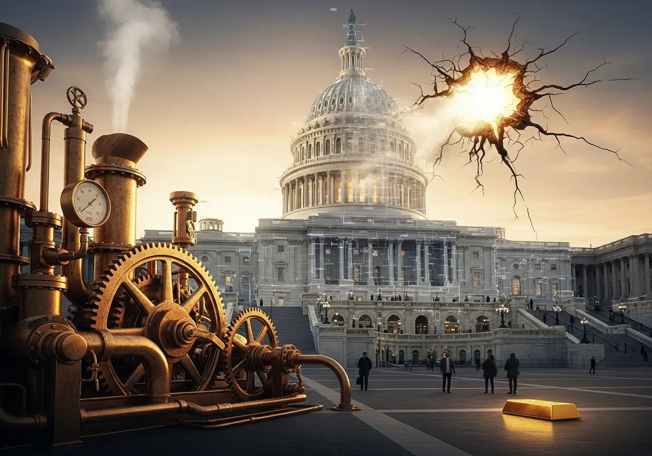 Eine Steampunk-Maschine mit freiliegenden Zahnrädern steht vor dem US-Kapitol, glühendes Licht dringt aus einer rissigen Wand, während sich Menschen in der Nähe versammeln.