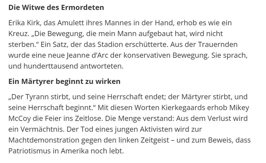 Screenshot-MMNews Eine deutsche Passage mit fettgedruckten Überschriften - "Die Witwe des Ermordeten" und "Ein Märtyrer beginnt zu wirken" - über ruhiger, nachdenklicher Prosa über Martyrium und Aktivismus.