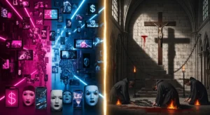 Eine geteilte Szene: Leuchtschirme, Dollarzeichen und maskierte Gesichter leuchten auf einem Neongitter; Mönche in Ketten knien vor einem Kruzifix.