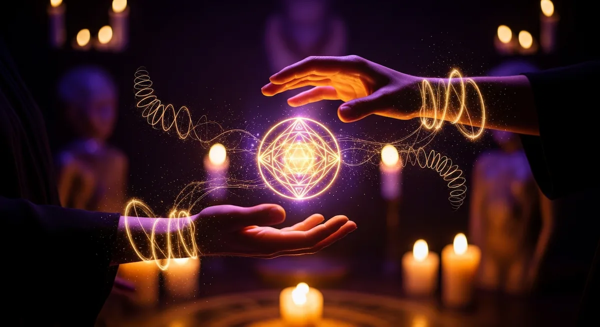 Hände kreisen um eine strahlende geometrische Kugel, goldenes Licht wirbelt inmitten von Kerzen, die den ruhigen, schattigen Raum sanft erhellen.