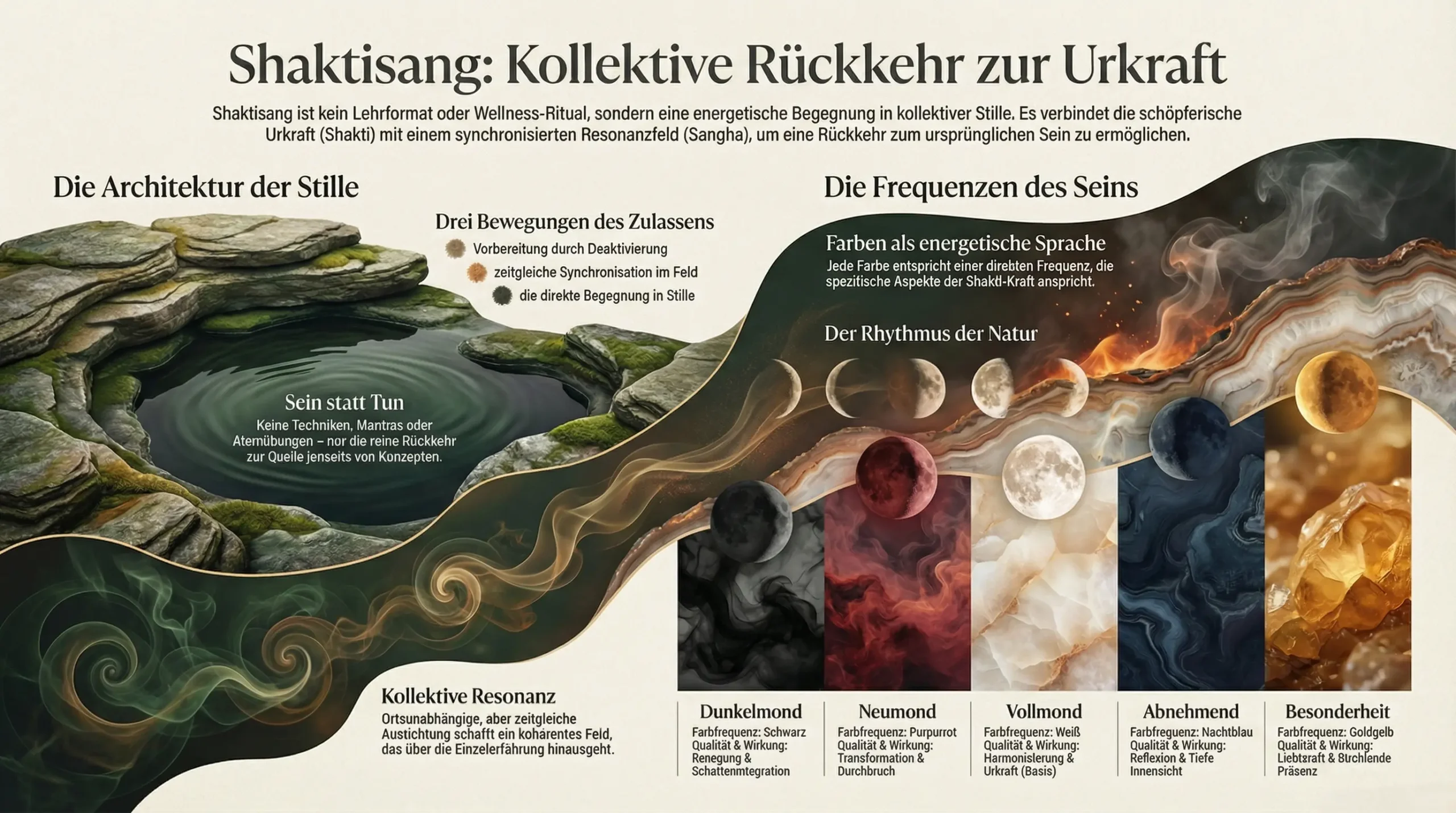 Shaktisang - alexander-wagandt.de Eine deutsche Infografik, "Shaktisang", beschwört mit ruhigen Bildern von Stein, Wasser, Mondphasen und elementarer Stille ursprüngliche Energie herauf.