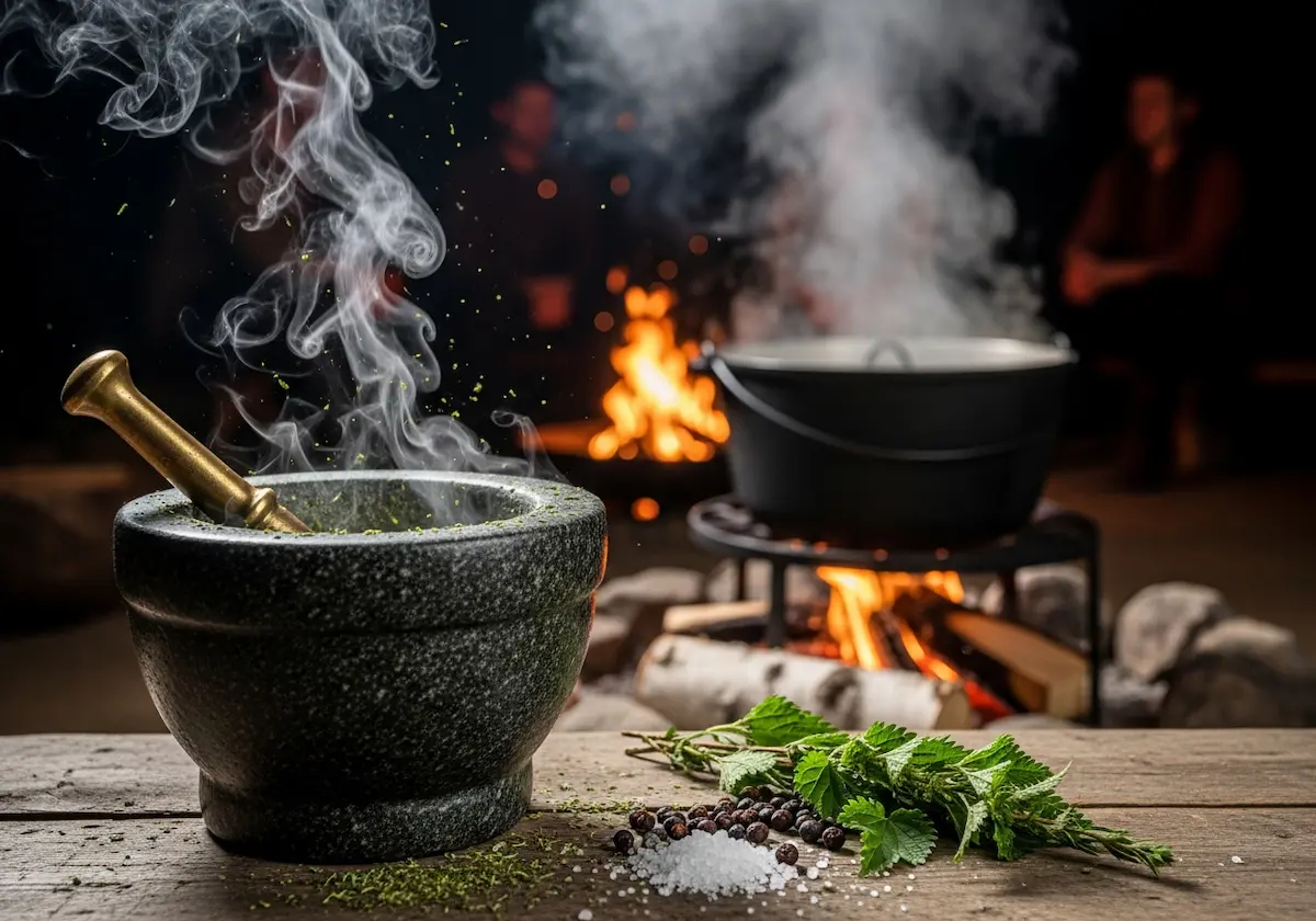 Sieben-Sud-2026 Ein Mörser und ein Stößel ruhen zwischen Kräutern, Salz und Pfefferkörnern auf Holz; dahinter köchelt ein Topf über Flammen und waberndem Lagerfeuerrauch.