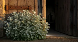 Grünes und silbernes Laub schmiegt sich an eine verwitterte Holztür, die einen Spalt breit in einer Steinmauer steht; schwaches Licht fällt in das schummrige Innere.