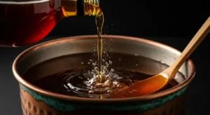 Goldener Honig fließt aus einer Glasflasche in eine Kupferschale und plätschert sanft neben einem Holzlöffel. Die Dunkelheit umrahmt die Szene.