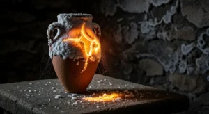 Eine Tonurne, deren Risse in orangefarbenem Licht leuchten, ruht auf einem Stein. Weiße Kristalle bestäuben ihre Oberfläche neben einer strengen Steinmauer.