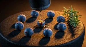 Blaubeeren bilden einen Kreis auf einer dunklen Fläche; Flüssigkeit fängt das Licht ein, wenn sie auf eine fällt, neben einem stillen grünen Zweig.