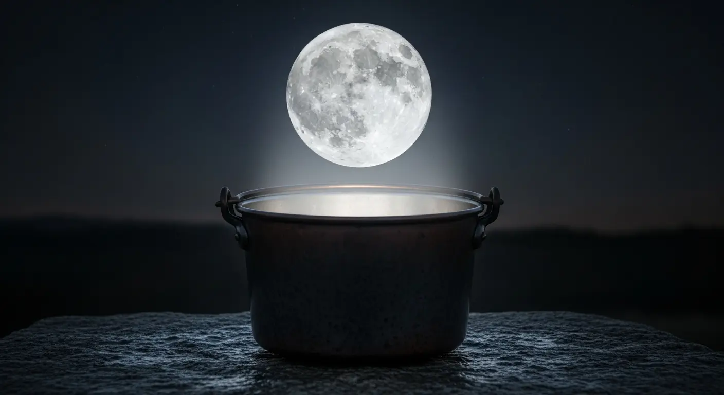 Am nächtlichen Himmel schwebt der Vollmond knapp über einem stillen Metalltopf, als würde er in seinem dunklen, offenen Gefäß ruhen.