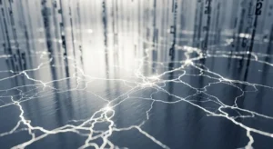 Leuchtende Schaltkreise verzweigen sich in einer gespiegelten dunklen Ebene, während vertikale Bänder mit binärem Code sanft im atmosphärischen Hintergrund schweben.