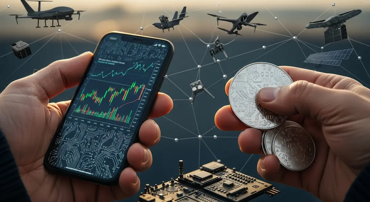 Eine ruhige Hand balanciert Aktiencharts auf einem Telefon und schimmernde Kryptomünzen; dahinter verflechten sich Drohnen, Solarpaneele und digitale Fäden.