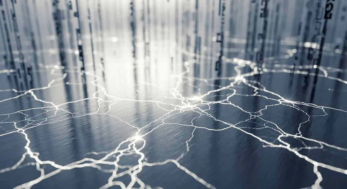 Leuchtende Schaltkreise verzweigen sich in einer gespiegelten dunklen Ebene, während vertikale Bänder mit binärem Code sanft im atmosphärischen Hintergrund schweben.