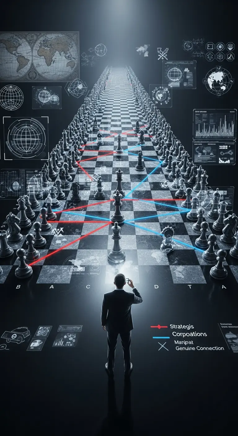 Eine geeignete Figur begutachtet ein riesiges Schachbrett, auf dessen digitalen Bildschirmen Karten und Daten aufleuchten, und ist in bed&auml;chtige Kontemplation vertieft.