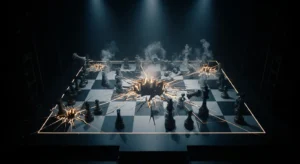 Schachfiguren in der Mitte des Spiels umkreisen ein zerbrochenes Brett; Rauch und Licht sickern aus der zersplitterten Mitte. Schatten sammeln sich jenseits der starken Beleuchtung.