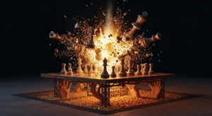 Hände halten ein Schachbrett in die Höhe, unter dem die goldenen Figuren verstreut sind, während ein Lichtstoß die übrigen Figuren in einen leuchtenden Flug schickt.