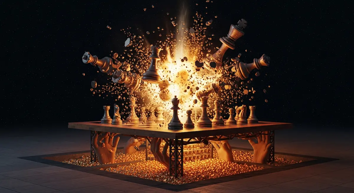 Hände halten ein Schachbrett in die Höhe, unter dem die goldenen Figuren verstreut sind, während ein Lichtstoß die übrigen Figuren in einen leuchtenden Flug schickt.