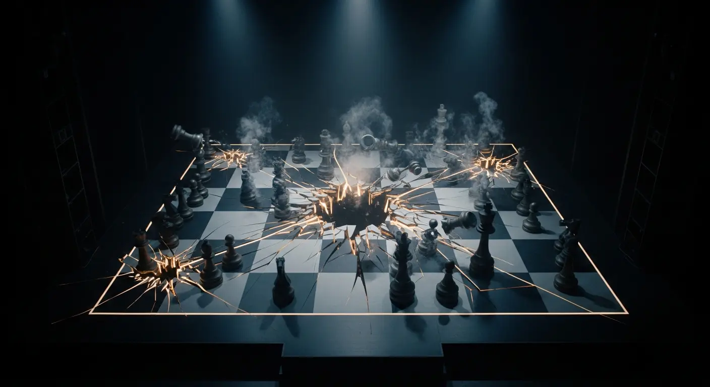 Schachfiguren in der Mitte des Spiels umkreisen ein zerbrochenes Brett; Rauch und Licht sickern aus der zersplitterten Mitte. Schatten sammeln sich jenseits der starken Beleuchtung.