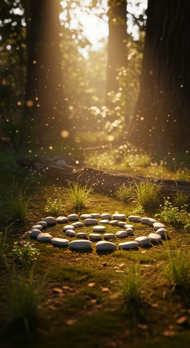 Kleine Steine bilden einen Kreis auf Moos in einer Waldlichtung, wo das Sonnenlicht durch die Bäume strömt und feine Partikel in der Luft schweben.