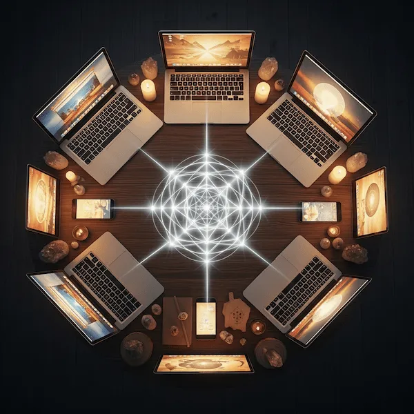 Sechs Laptops und sanfte Kerzen bilden einen Kreis auf dunklem Holz, wobei jeder Bildschirm die leuchtende Geometrie in der Mitte widerspiegelt.