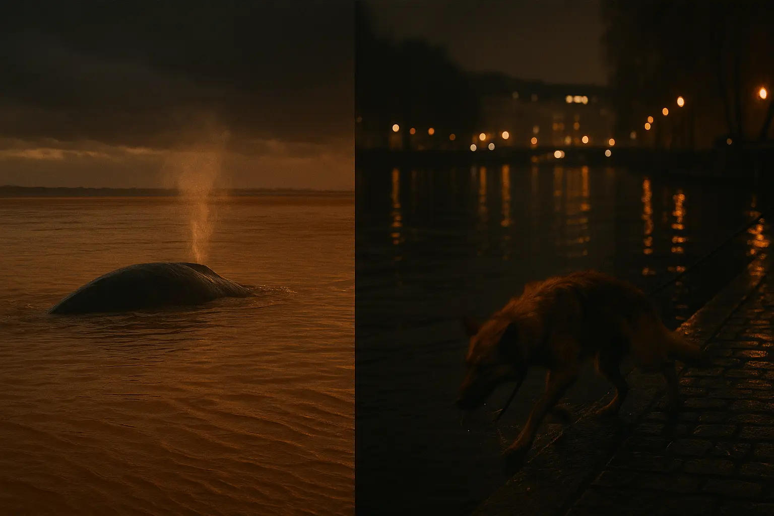 Wal und Wolf Links atmet ein Wal Nebel über den ruhigen Gewässern der Abenddämmerung aus, rechts wandert ein Hund nachts einen schattigen Uferweg entlang.