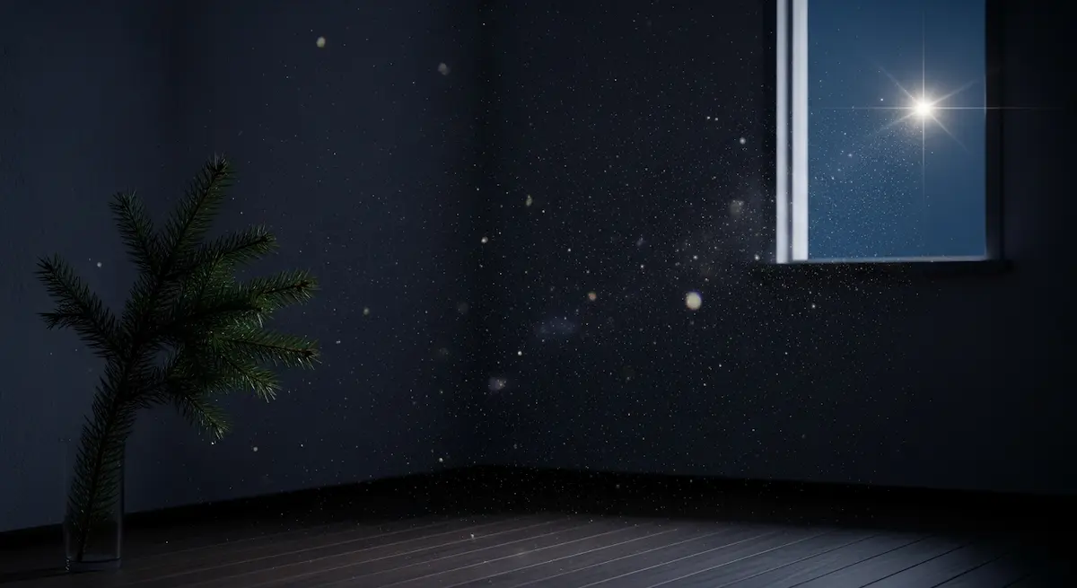 Schattige Wände umschließen einen ruhigen Raum; Sternenlicht schimmert auf Staub, Kiefer ruht in der Ecke, und ein einzelner Stern brennt hinter dem Glas.