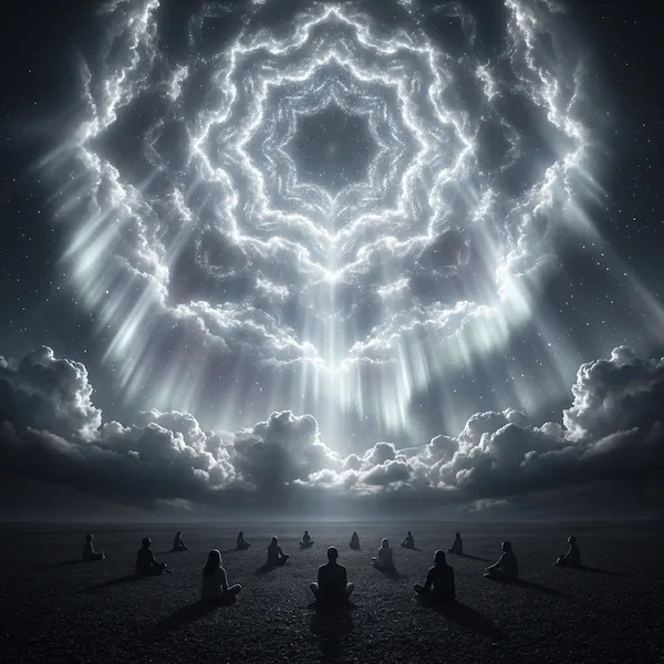 Die Menschen sitzen still auf der Erde unter einem Nachthimmel, an dem wirbelnde Wolken und strahlendes Licht ein leuchtendes, kreisförmiges Muster über dem Himmel bilden.